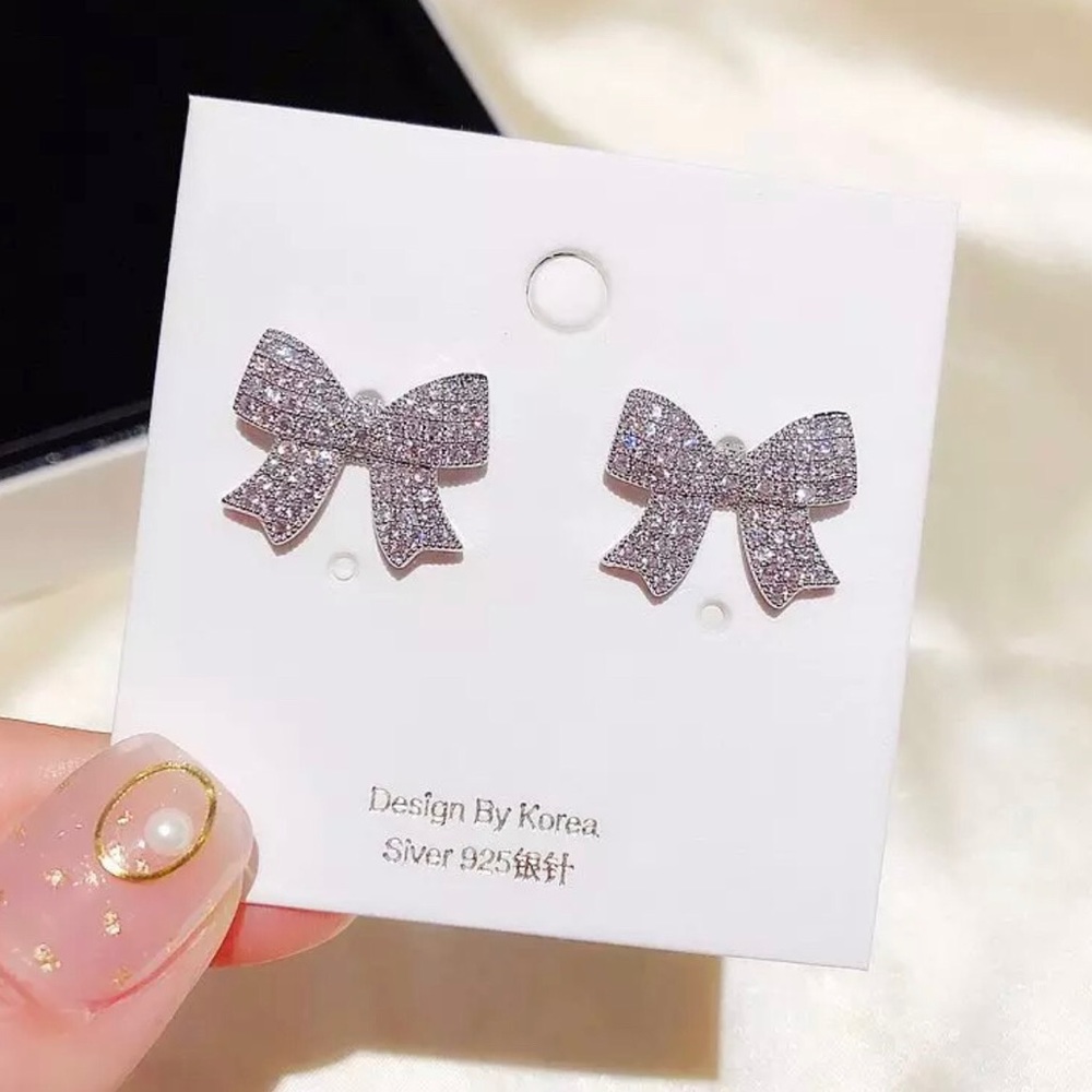 Platinum Plated CZ Crystal Bow Stud Earrings